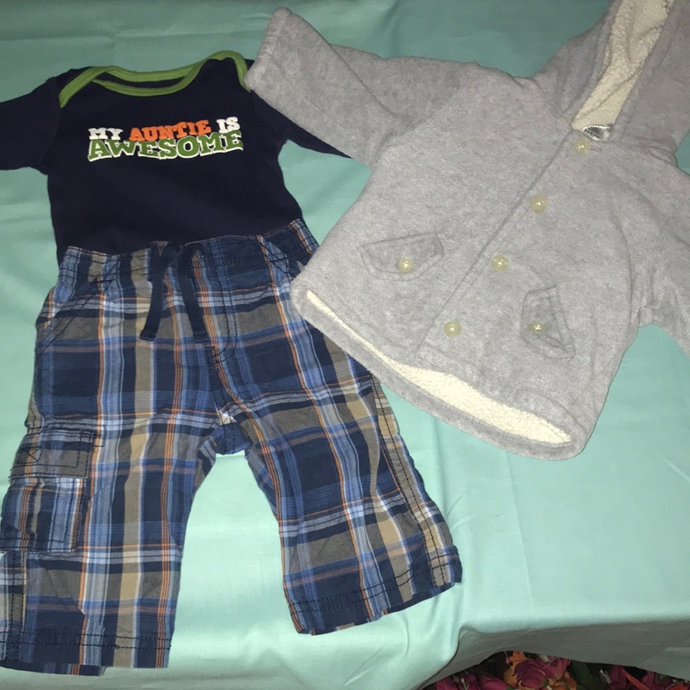 Baby Gap fuzzy warm jacket with long sleeved onesie and plaid pants. Size 3-6m
